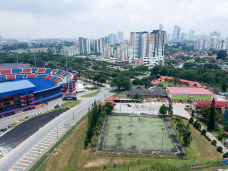 Aerial Photo - Bird's eye view of the Tan Sri Dato' Haji Hassan Yunos Stadium, also simply known as Larkin Stadium, is a multi-purpose stadium in Larkin, Johor Bahru, Johor, Malaysiaのeditorial素材