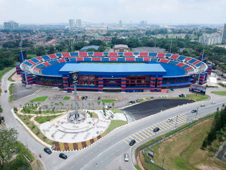 Aerial Photo - Bird's eye view of the Tan Sri Dato' Haji Hassan Yunos Stadium, also simply known as Larkin Stadium, is a multi-purpose stadium in Larkin, Johor Bahru, Johor, Malaysiaのeditorial素材