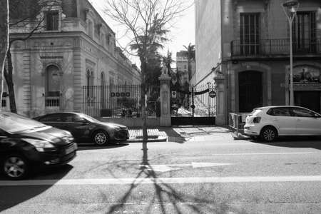 BARCELONA,SPAIN - February 26,2017: Shot of Plaça de Catalunya street  in Barcelona, Spain. This image may contain noise ,blurry clouds due to long exposure, soft focus and poor lighting.のeditorial素材