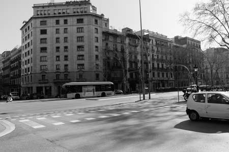 BARCELONA,SPAIN - February 26,2017: Shot of Plaça de Catalunya street  in Barcelona, Spain. This image may contain noise ,blurry clouds due to long exposure, soft focus and poor lighting.のeditorial素材