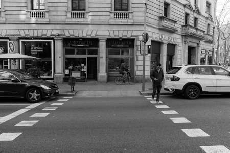 BARCELONA,SPAIN - February 26,2017: Shot of Plaça de Catalunya street  in Barcelona, Spain. This image may contain noise ,blurry clouds due to long exposure, soft focus and poor lighting.のeditorial素材