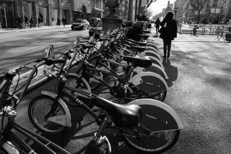BARCELONA,SPAIN - February 26,2017: Shot of Plaça de Catalunya street  in Barcelona, Spain. This image may contain noise ,blurry clouds due to long exposure, soft focus and poor lighting.のeditorial素材