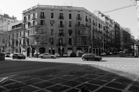 BARCELONA,SPAIN - February 26,2017: Shot of Plaça de Catalunya street  in Barcelona, Spain. This image may contain noise ,blurry clouds due to long exposure, soft focus and poor lighting.のeditorial素材