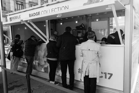BARCELONA,SPAIN - February 26,2017: Shot of Plaça de Catalunya street  in Barcelona, Spain. This image may contain noise ,blurry clouds due to long exposure, soft focus and poor lighting.のeditorial素材
