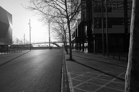BARCELONA,SPAIN - February 26,2017: Shot of Plaça de Catalunya street  in Barcelona, Spain. This image may contain noise ,blurry clouds due to long exposure, soft focus and poor lighting.のeditorial素材