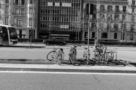 BARCELONA,SPAIN - February 26,2017: Shot of Plaça de Catalunya street  in Barcelona, Spain. This image may contain noise ,blurry clouds due to long exposure, soft focus and poor lighting.のeditorial素材