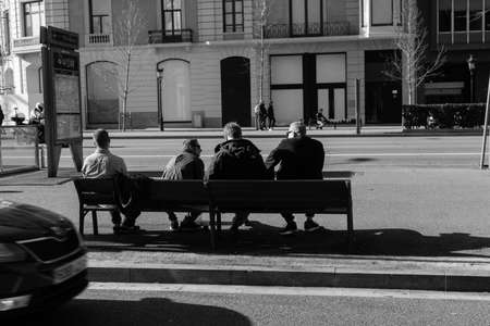 BARCELONA,SPAIN - February 26,2017: Shot of Plaça de Catalunya street  in Barcelona, Spain. This image may contain noise ,blurry clouds due to long exposure, soft focus and poor lighting.のeditorial素材