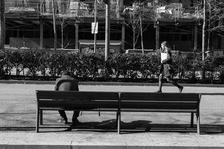 BARCELONA,SPAIN - February 26,2017: Shot of Plaça de Catalunya street  in Barcelona, Spain. This image may contain noise ,blurry clouds due to long exposure, soft focus and poor lighting.のeditorial素材