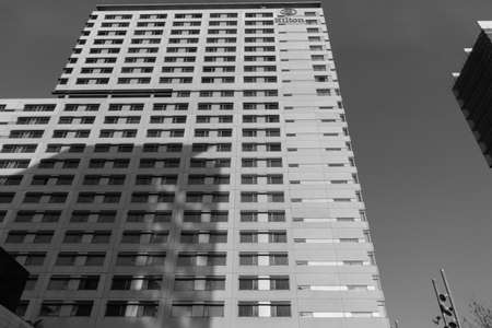 BARCELONA,SPAIN - February 26,2017: Shot of Plaça de Catalunya street  in Barcelona, Spain. This image may contain noise ,blurry clouds due to long exposure, soft focus and poor lighting.のeditorial素材
