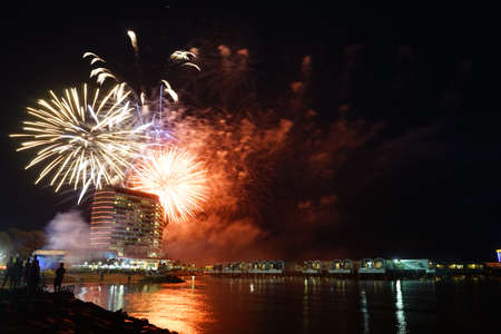 PORT DICKSON, MALAYSIA - 1 January 2018: Fireworks display during New Year celebration in Lexis Hibiscus. Lexis Hibiscus have Guinness World Records for most swimming pools & most over water villas.のeditorial素材