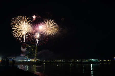 PORT DICKSON, MALAYSIA - 1 January 2018: Fireworks display during New Year celebration in Lexis Hibiscus. Lexis Hibiscus have Guinness World Records for most swimming pools & most over water villas.のeditorial素材