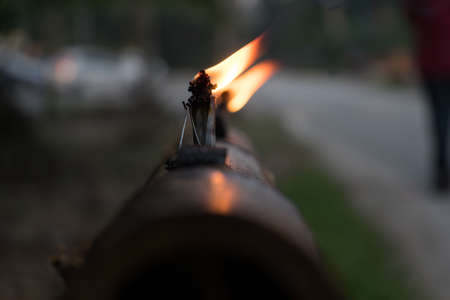 Malay tradition oil lamp made from bamboo during Eidul fitriの写真素材