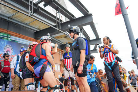 Kuala Lumpur, Malaysia â September 29, 2018: Base Jumpers jump from a 300m high deck during the Kuala Lumpur Tower International Jump.のeditorial素材
