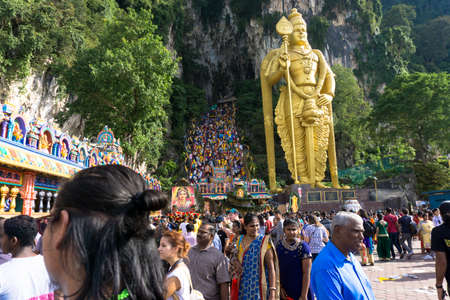BATU CAVES, MALAYSIA - January 21, 2019: A celebration and devotee carrying kavadi preparing for ceremony prayers blessings during Thaipusam festival.のeditorial素材