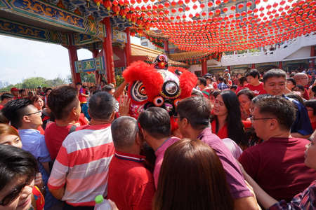 Kuala Lumpur, Malaysia - February 5, 2019: Beautiful Lion Dance during Chinese New Year celebration in Thean Hou Temple.のeditorial素材