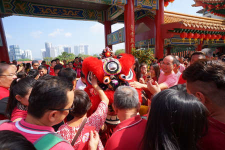 Kuala Lumpur, Malaysia - February 5, 2019: Beautiful Lion Dance during Chinese New Year celebration in Thean Hou Temple.のeditorial素材