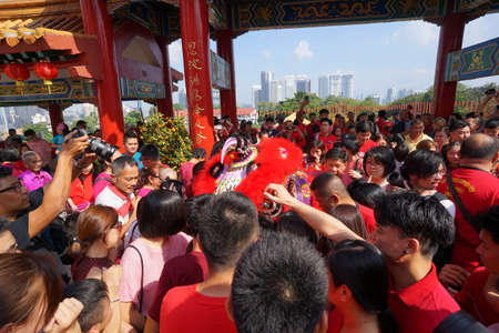Kuala Lumpur, Malaysia - February 5, 2019: Beautiful Lion Dance during Chinese New Year celebration in Thean Hou Temple.のeditorial素材