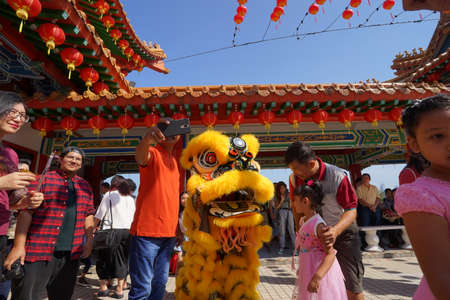 Kuala Lumpur, Malaysia - February 9, 2019: Beautiful Lion Dance during Chinese New Year celebration in Thean Hou Temple.のeditorial素材