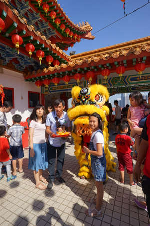 Kuala Lumpur, Malaysia - February 9, 2019: Beautiful Lion Dance during Chinese New Year celebration in Thean Hou Temple.のeditorial素材