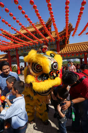 Kuala Lumpur, Malaysia - February 9, 2019: Beautiful Lion Dance during Chinese New Year celebration in Thean Hou Temple.のeditorial素材