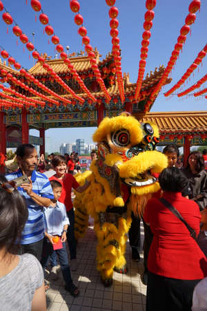 Kuala Lumpur, Malaysia - February 9, 2019: Beautiful Lion Dance during Chinese New Year celebration in Thean Hou Temple.のeditorial素材