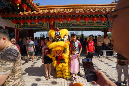 Kuala Lumpur, Malaysia - February 9, 2019: Beautiful Lion Dance during Chinese New Year celebration in Thean Hou Temple.のeditorial素材