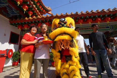 Kuala Lumpur, Malaysia - February 9, 2019: Beautiful Lion Dance during Chinese New Year celebration in Thean Hou Temple.のeditorial素材