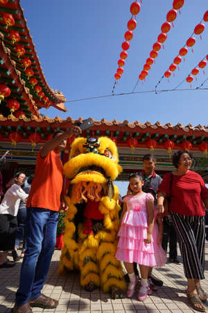 Kuala Lumpur, Malaysia - February 9, 2019: Beautiful Lion Dance during Chinese New Year celebration in Thean Hou Temple.のeditorial素材