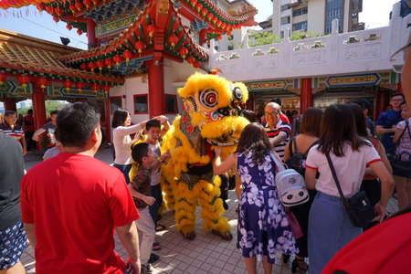 Kuala Lumpur, Malaysia - February 9, 2019: Beautiful Lion Dance during Chinese New Year celebration in Thean Hou Temple.のeditorial素材