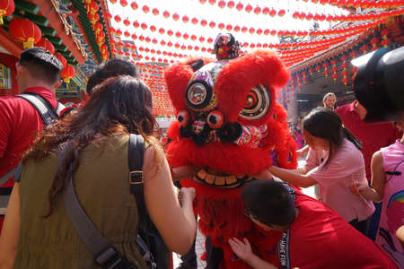 Kuala Lumpur, Malaysia - February 5, 2019: Beautiful Lion Dance during Chinese New Year celebration in Thean Hou Temple.のeditorial素材