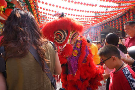 Kuala Lumpur, Malaysia - February 5, 2019: Beautiful Lion Dance during Chinese New Year celebration in Thean Hou Temple.のeditorial素材