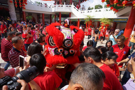 Kuala Lumpur, Malaysia - February 5, 2019: Beautiful Lion Dance during Chinese New Year celebration in Thean Hou Temple.のeditorial素材