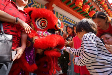 Kuala Lumpur, Malaysia - February 5, 2019: Beautiful Lion Dance during Chinese New Year celebration in Thean Hou Temple.のeditorial素材