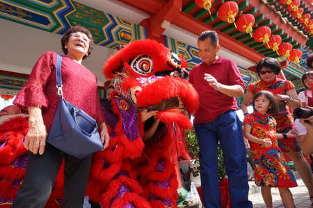 Kuala Lumpur, Malaysia - February 5, 2019: Beautiful Lion Dance during Chinese New Year celebration in Thean Hou Temple.のeditorial素材