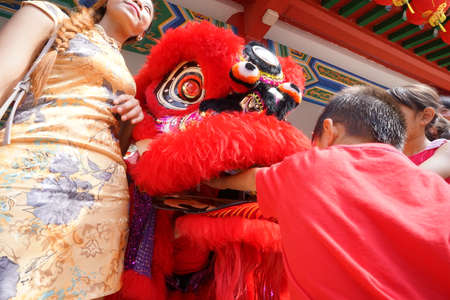Kuala Lumpur, Malaysia - February 5, 2019: Beautiful Lion Dance during Chinese New Year celebration in Thean Hou Temple.のeditorial素材