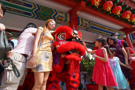 Kuala Lumpur, Malaysia - February 5, 2019: Beautiful Lion Dance during Chinese New Year celebration in Thean Hou Temple.のeditorial素材
