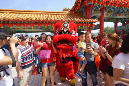 Kuala Lumpur, Malaysia - February 5, 2019: Beautiful Lion Dance during Chinese New Year celebration in Thean Hou Temple.のeditorial素材