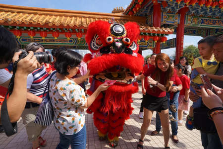 Kuala Lumpur, Malaysia - February 5, 2019: Beautiful Lion Dance during Chinese New Year celebration in Thean Hou Temple.のeditorial素材