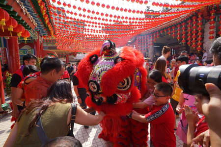 Kuala Lumpur, Malaysia - February 5, 2019: Beautiful Lion Dance during Chinese New Year celebration in Thean Hou Temple.のeditorial素材