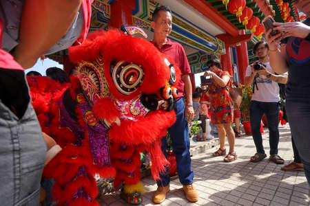 Kuala Lumpur, Malaysia - February 5, 2019: Beautiful Lion Dance during Chinese New Year celebration in Thean Hou Temple.のeditorial素材