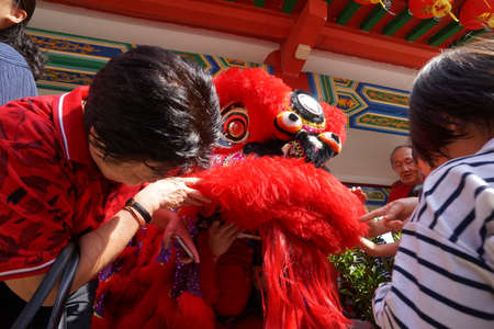 Kuala Lumpur, Malaysia - February 5, 2019: Beautiful Lion Dance during Chinese New Year celebration in Thean Hou Temple.のeditorial素材