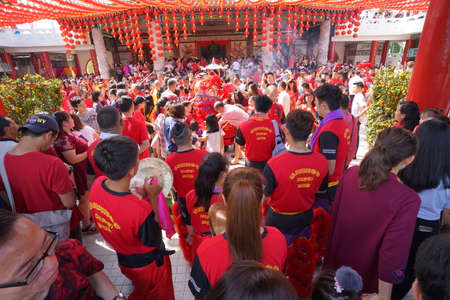 Kuala Lumpur, Malaysia - February 5, 2019: Beautiful Lion Dance during Chinese New Year celebration in Thean Hou Temple.のeditorial素材