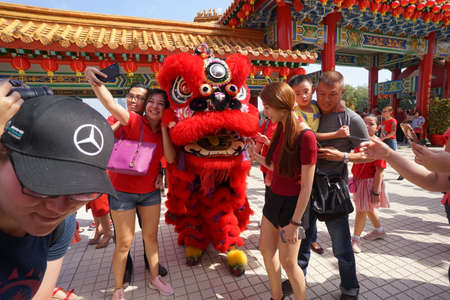 Kuala Lumpur, Malaysia - February 5, 2019: Beautiful Lion Dance during Chinese New Year celebration in Thean Hou Temple.のeditorial素材