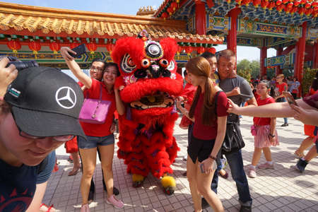 Kuala Lumpur, Malaysia - February 5, 2019: Beautiful Lion Dance during Chinese New Year celebration in Thean Hou Temple.のeditorial素材