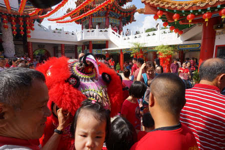 Kuala Lumpur, Malaysia - February 5, 2019: Beautiful Lion Dance during Chinese New Year celebration in Thean Hou Temple.のeditorial素材