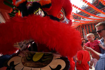 Kuala Lumpur, Malaysia - February 5, 2019: Beautiful Lion Dance during Chinese New Year celebration in Thean Hou Temple.のeditorial素材