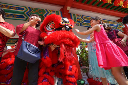 Kuala Lumpur, Malaysia - February 5, 2019: Beautiful Lion Dance during Chinese New Year celebration in Thean Hou Temple.のeditorial素材