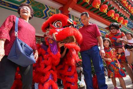Kuala Lumpur, Malaysia - February 5, 2019: Beautiful Lion Dance during Chinese New Year celebration in Thean Hou Temple.のeditorial素材