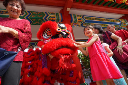 Kuala Lumpur, Malaysia - February 5, 2019: Beautiful Lion Dance during Chinese New Year celebration in Thean Hou Temple.のeditorial素材