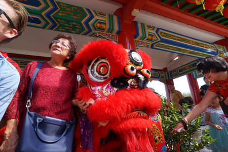 Kuala Lumpur, Malaysia - February 5, 2019: Beautiful Lion Dance during Chinese New Year celebration in Thean Hou Temple.のeditorial素材